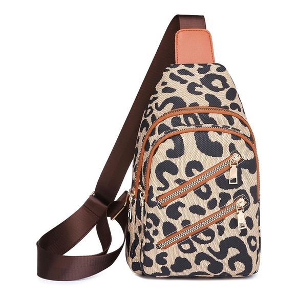 Jenny Louise Boutique Handbags - Leopard Print Sling Bag Crossbody Backpack Brown Tan Chest Bag